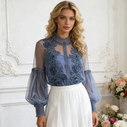 Vintage Lace Sweet Flower Perspective Mesh Lantern Sleeve Shirts