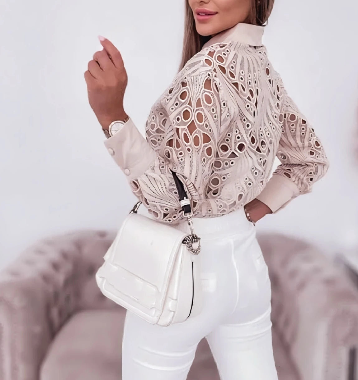 Hollowed Out Long Sleeved Casual Shirt