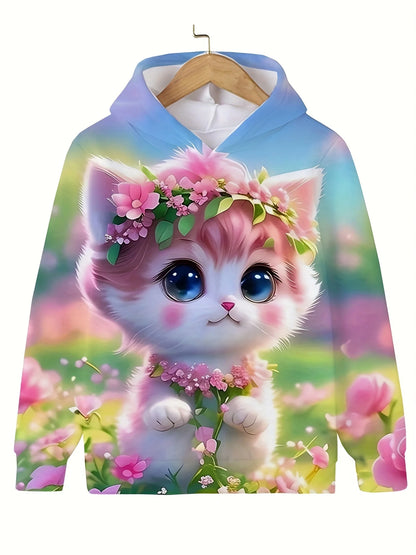 Long Sleeve Cute Cat Print Casual Kid Summer Autumn Hoodies