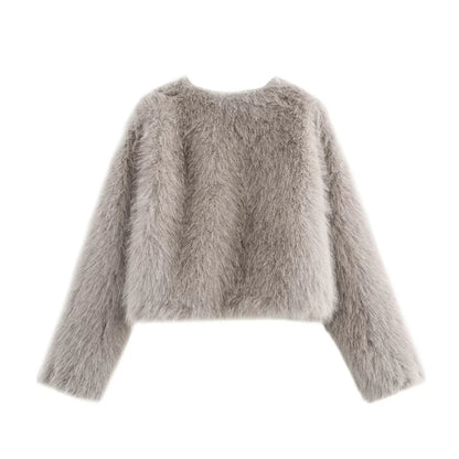 Faux fur Fall/Winter Effect Round Neck Long Sleeve Short Jacket