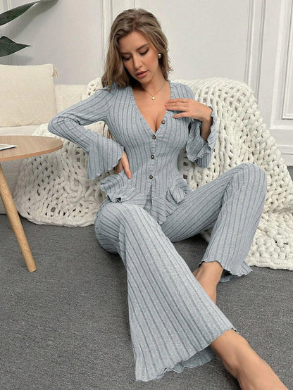 Sexy V Neck Long Sleeve Pyjamas Set