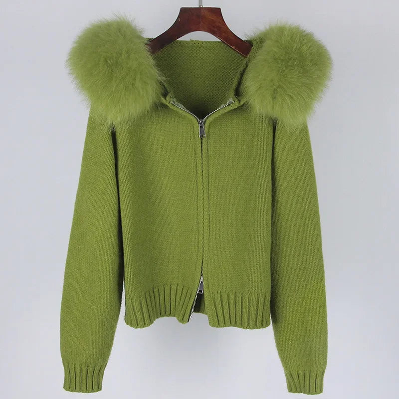 Autumn Winter Casual Hooded Real Fox Fur Collar Short Knitted Jacket