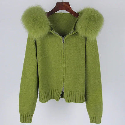 Autumn Winter Casual Hooded Real Fox Fur Collar Short Knitted Jacket