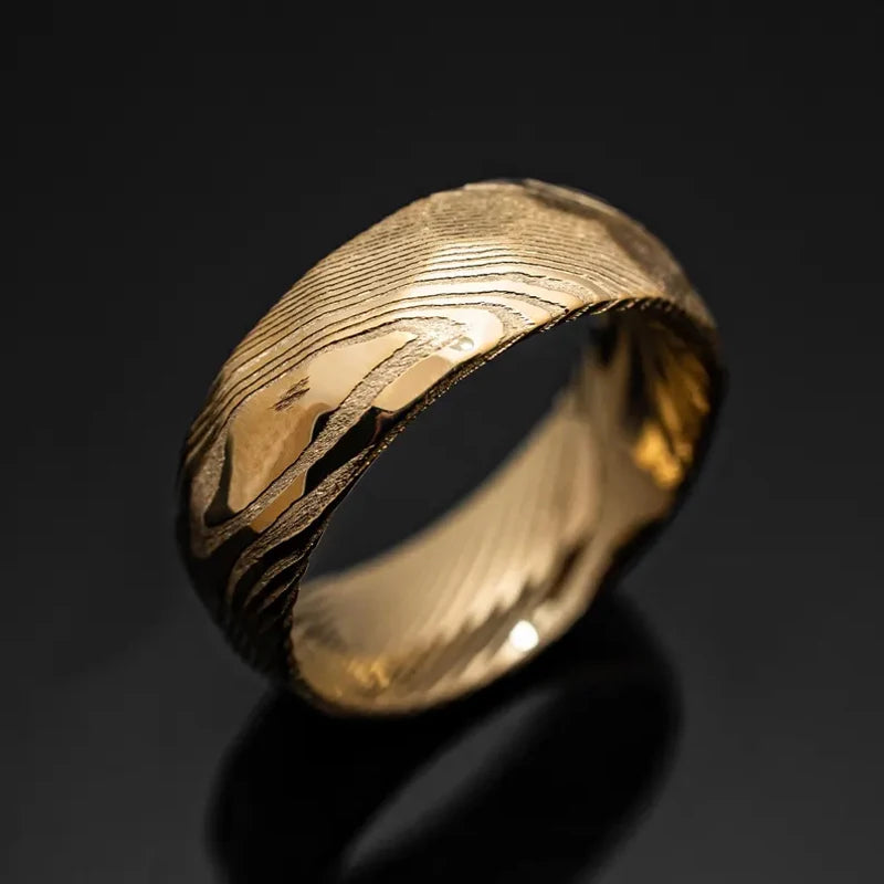 8MM Golden Damascus steel Hammered Engagement Promise Rings