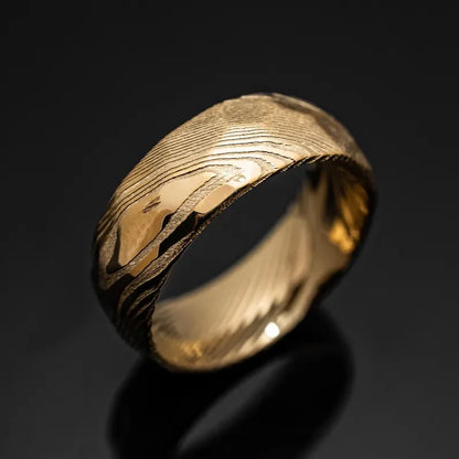8MM Golden Damascus steel Hammered Engagement Promise Rings