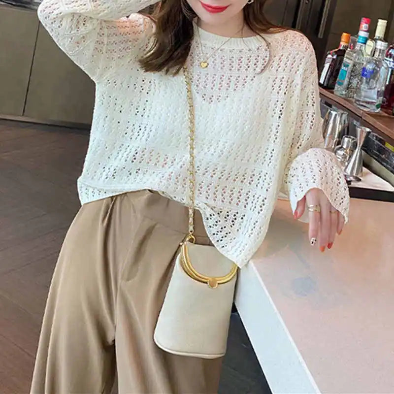Knitted Long Sleeve Sweaters O-Neck Hollow Out Knit Sweater Pullover
