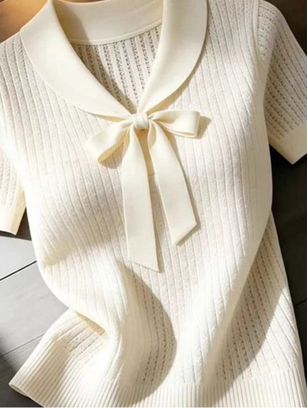 Knitted Bow Collar White Knit Sweater Pullover