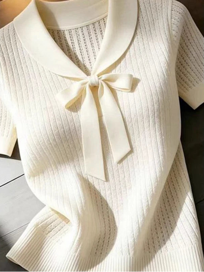 Knitted Bow Collar White Knit Sweater Pullover