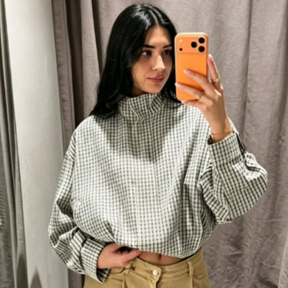 Plaid Bomber Oversized Long Sleeve Top Casual Zipper Jacket