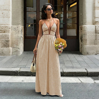 Deep V-neck Striped Sexy Backless Sleeveless Neckline Long Dress