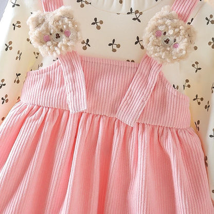 Kid Girl Long Sleeve Floral Lovely Bear Corduroy Strap Style Dress