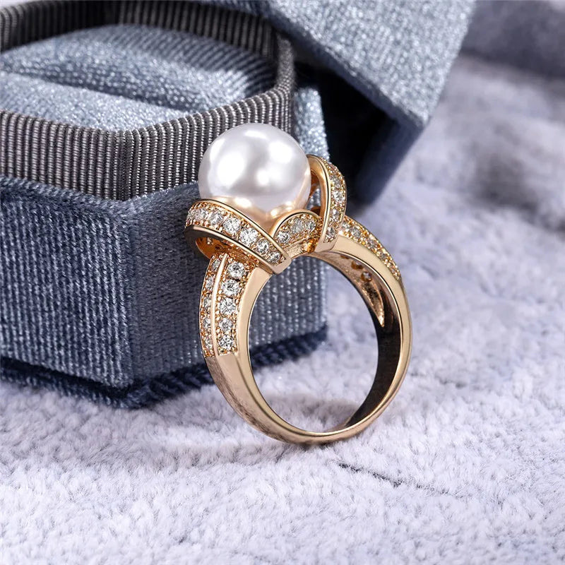 925 Sterling Silver Pearl Gold Shiny CZ Romantic Ring