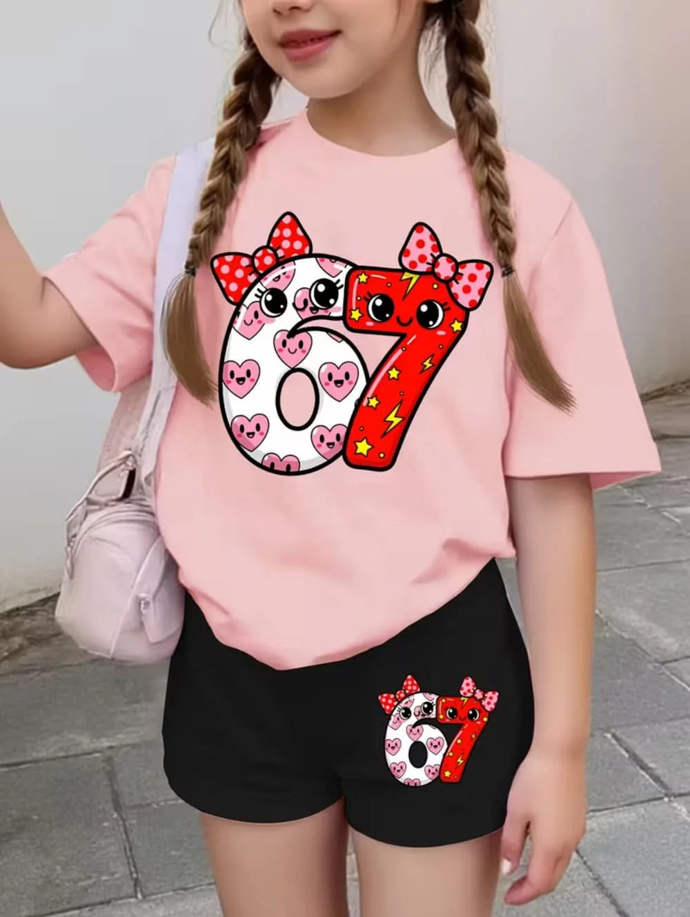 67 Six Seven Cute Bows Flowers Print Short Sleeve T-Shirt Set