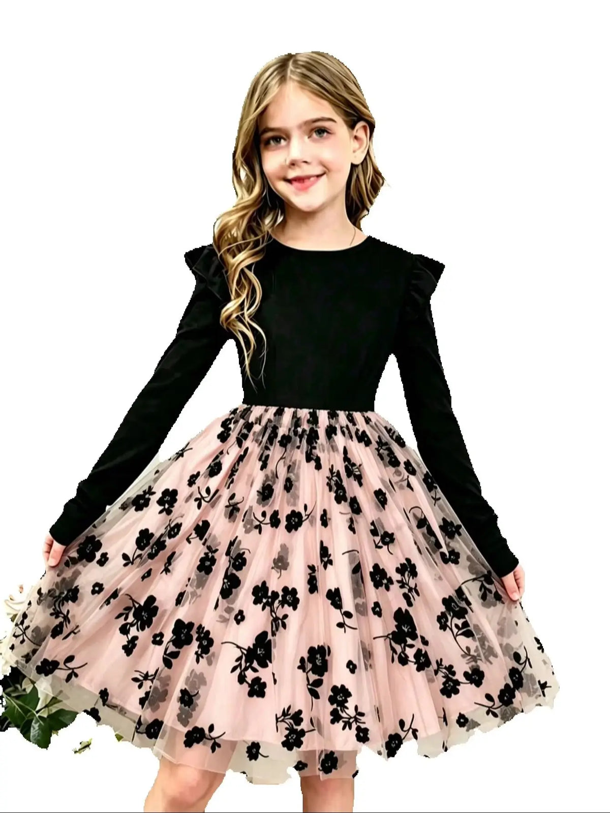 Casual round Neck Autumn Lotus Leaf Side Length Sleeve Mesh Flower Dress