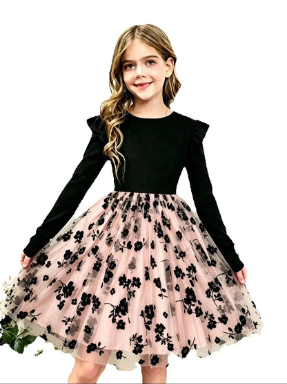Casual round Neck Autumn Lotus Leaf Side Length Sleeve Mesh Flower Dress