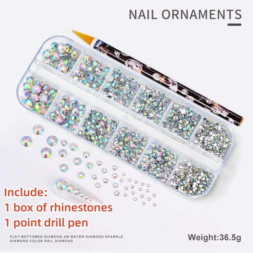 12Gird 3D Glass AB Crystal Nail Art Rhinestones Kit