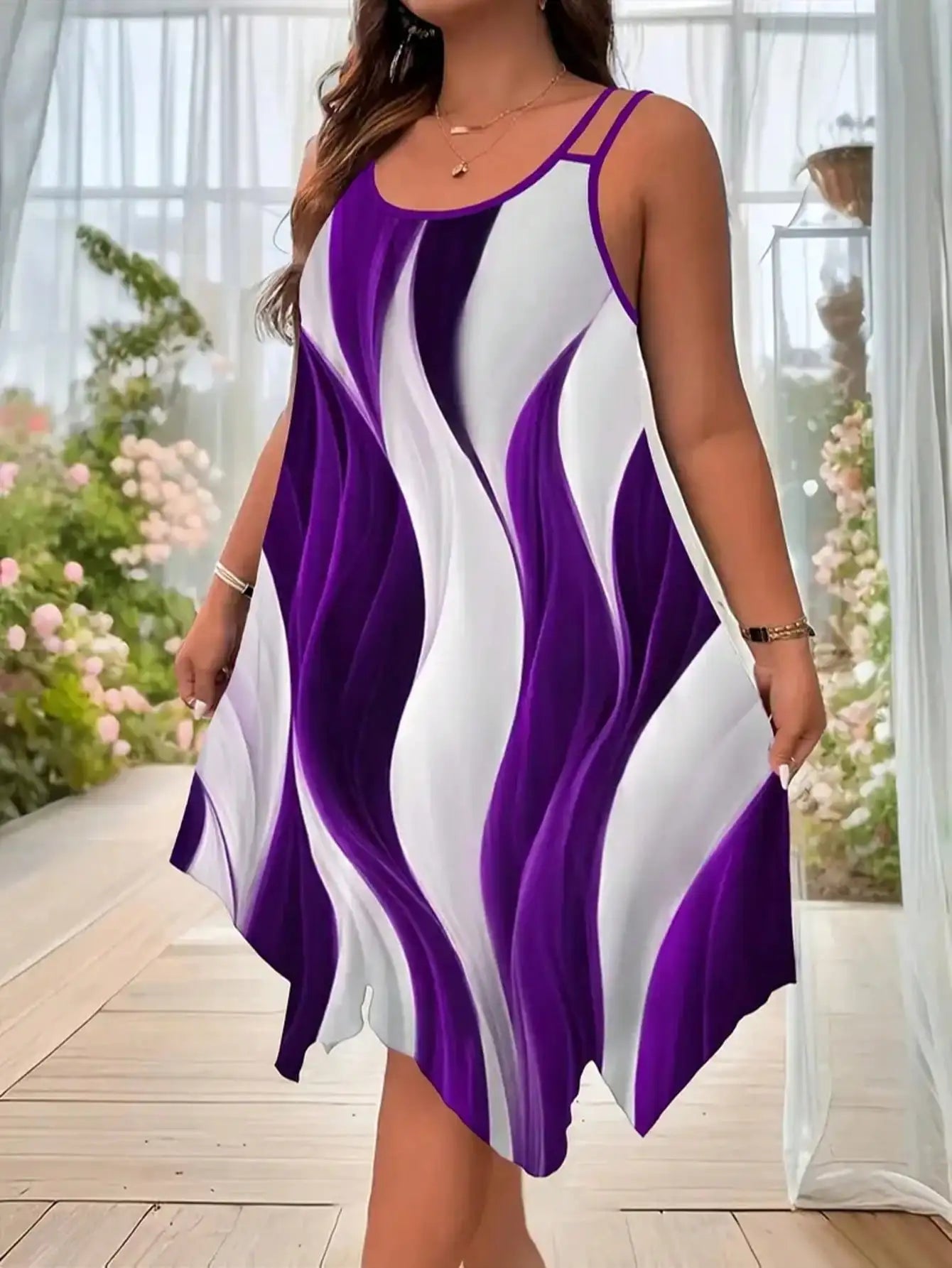 Geometric stripes printed double strap dress