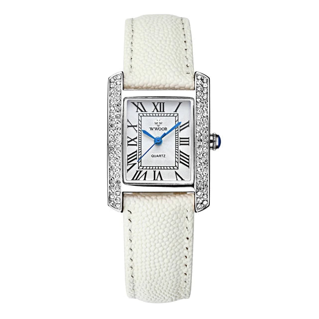 ساعات كوارتز جلدية أنيقة مرصعة بالألماس مربعة الشكل