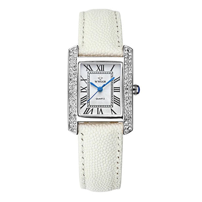 ساعات كوارتز جلدية أنيقة مرصعة بالألماس مربعة الشكل