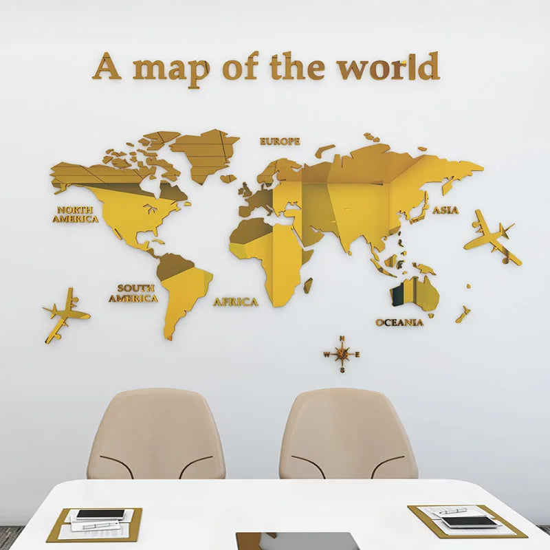 World Map Wall DIY 3D Acrylic Wall Stickers Three-dimensional Mirror Stickers