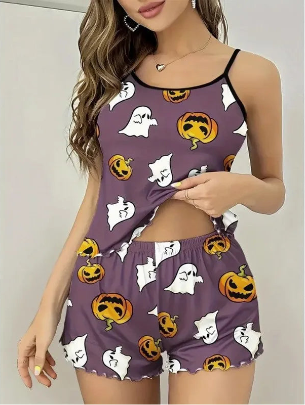 Halloween Pumpkin Print Sleepwear Lettuce Loungewear Pajama Set