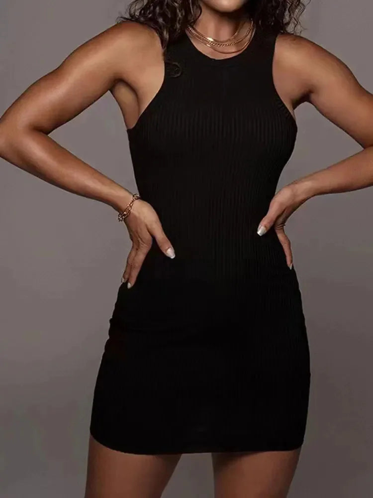 Black Ribbed Sexy Sleeveless Mini Dress