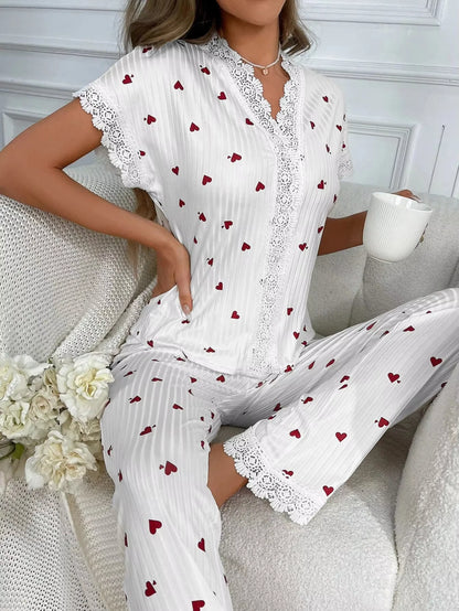 Lace Short Sleeve Cherry Sleepwear Pajama Set