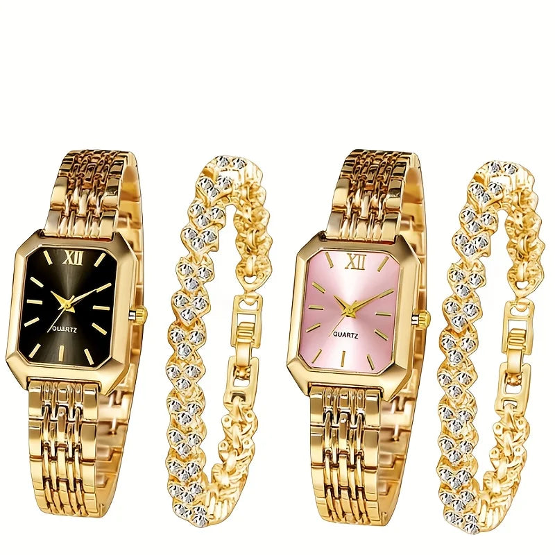 4PCS/Set Elegant Rectangle Quartz Wristwatch Heart Bracelets Set