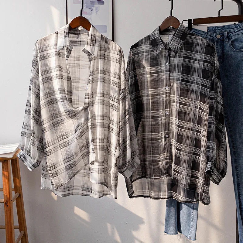 Sheer Chiffon Plaid Oversized Shirt