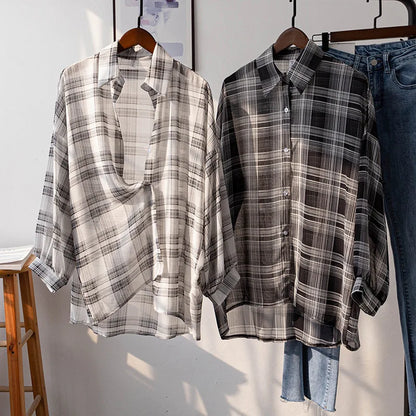 Sheer Chiffon Plaid Oversized Shirt