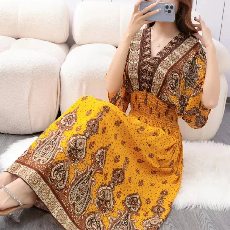 Colorful Flower  Bohemian Midi Dress
