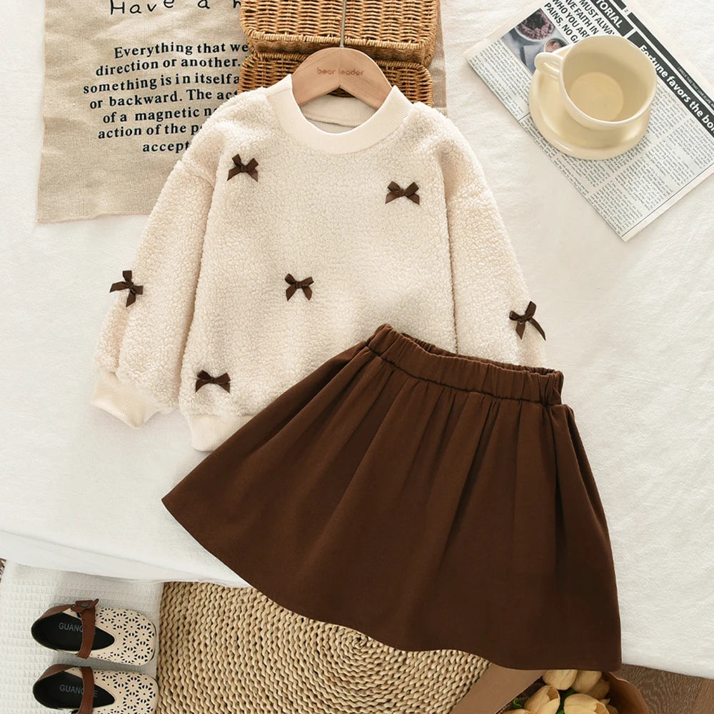 Autumn Winter 3-7 Year Round Neck Long Sleeve Bow Korean Version Set
