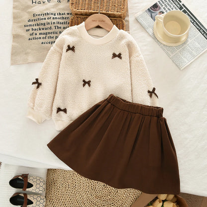 Autumn Winter 3-7 Year Round Neck Long Sleeve Bow Korean Version Set