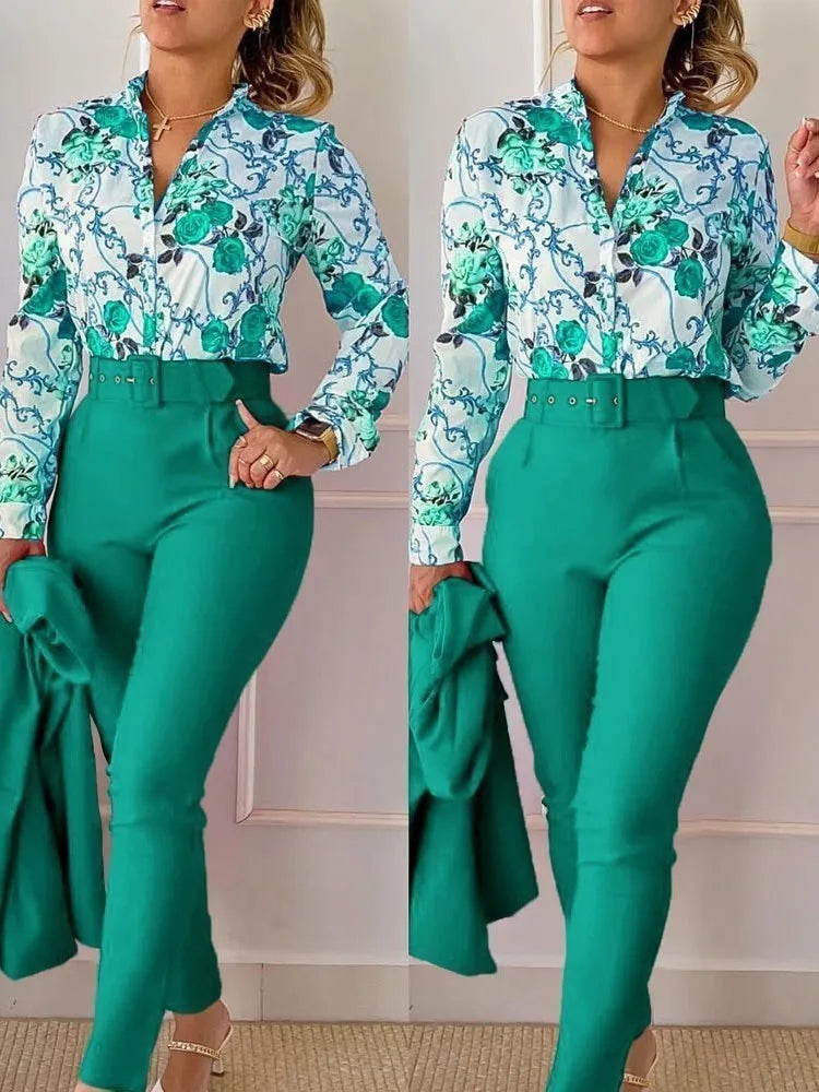 Floral Print Long Sleeve Shirt Pants Sets