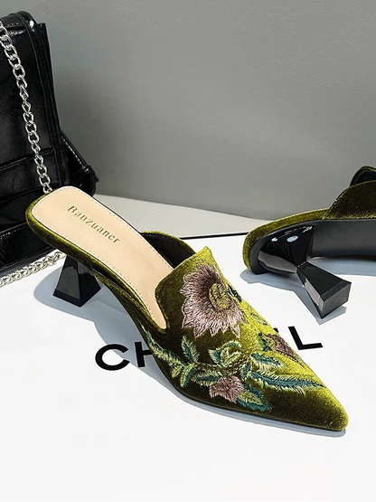 Elegant Velvet Mule Heels Pointed Toe Cone Heel Shoes