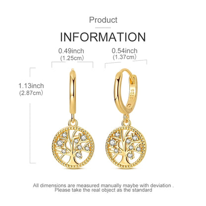 925 Sterling Silver Sparkling Gold Plated Tree of Life Hoop Earring