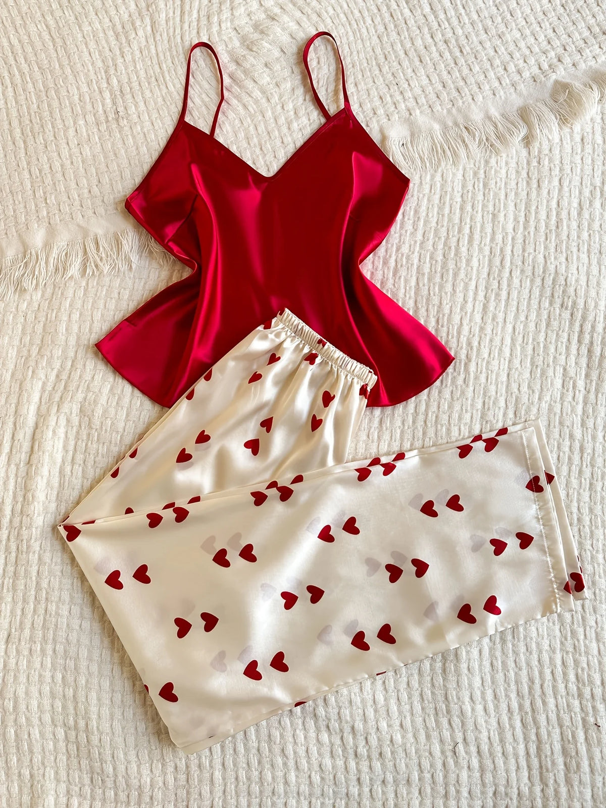V Neck Heart Printed long Pants Casual Sleepwear Set