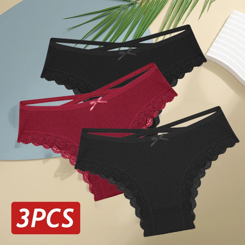 3PCS/Set Cotton Sexy Low Rise Lace Brazilian Panties S-XL