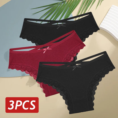 3PCS/Set Cotton Sexy Low Rise Lace Brazilian Panties S-XL
