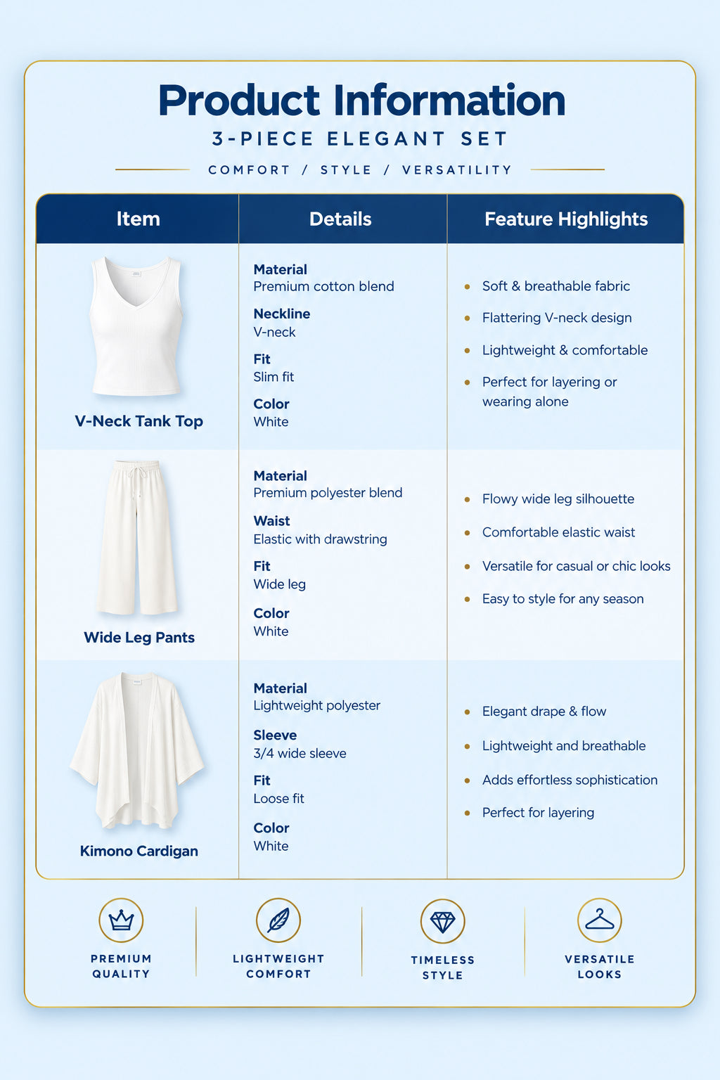 White V Neck Tank Top Wide Leg Pants Kimono Cardigan 3 Piece Set