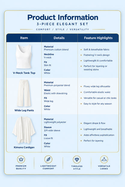 White V Neck Tank Top Wide Leg Pants Kimono Cardigan 3 Piece Set