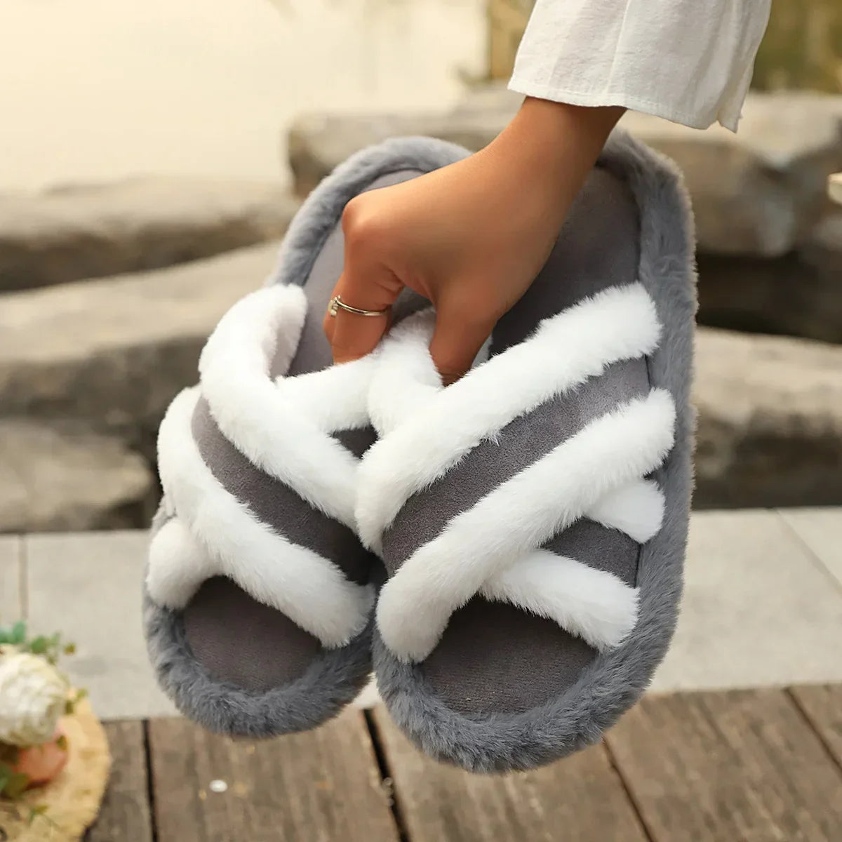 Furry Home Fluffy Light Cross Flip Flops Soft Slippers