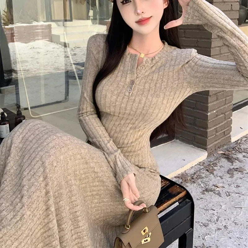 Elegant Slim High Waist Knit Long Sleeve Thick Warm Long Dress