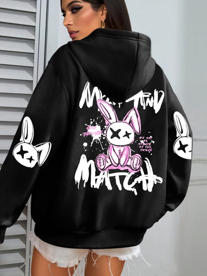 Mix And Match Cartoon Rabbit Prints Hoodie Pocket Streetwear