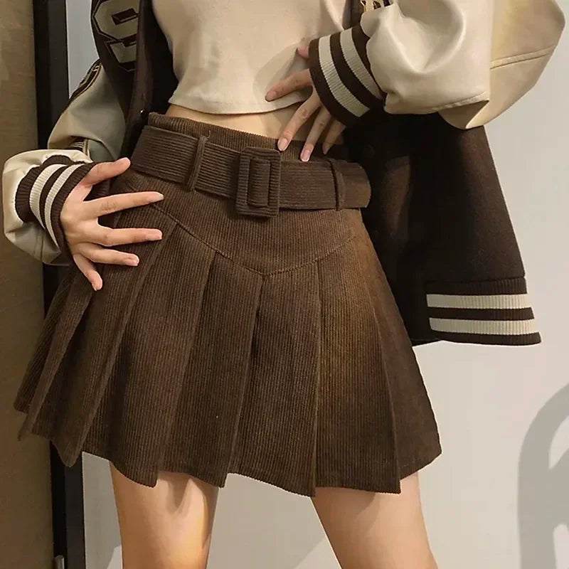 Cord Belted Pleated Texture Corduroy Box Pleat Mini Skirt