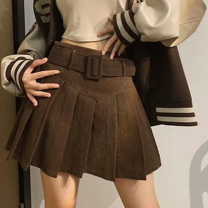 Cord Belted Pleated Texture Corduroy Box Pleat Mini Skirt