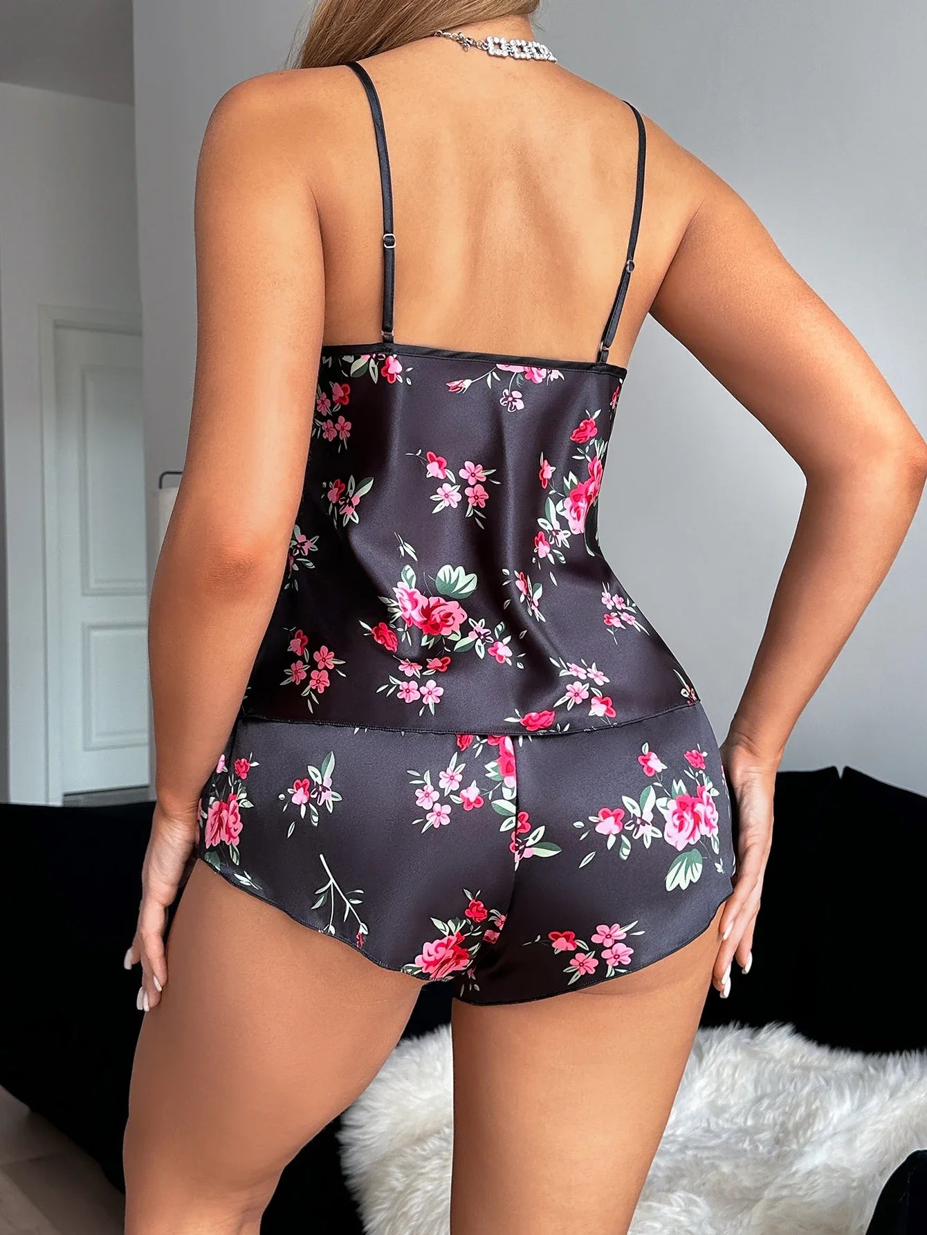 Ice Silk Stain Floral Printed Halter Tops and Shorts Pajamas Set