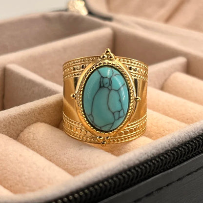 Bohemia Turquoise Natural Stone Wide Open 14K Gold Plated Stainless Steel Ring