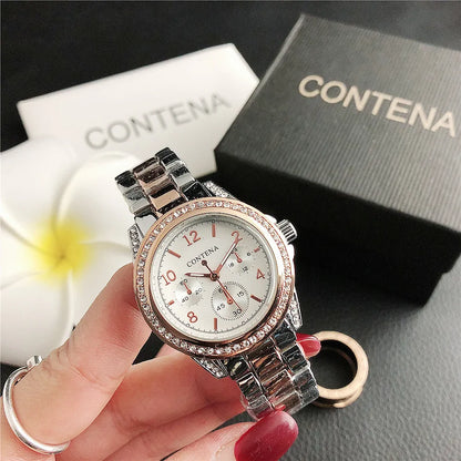 Luxury Stainless Steel Rhinestone Quartz Wristwatch