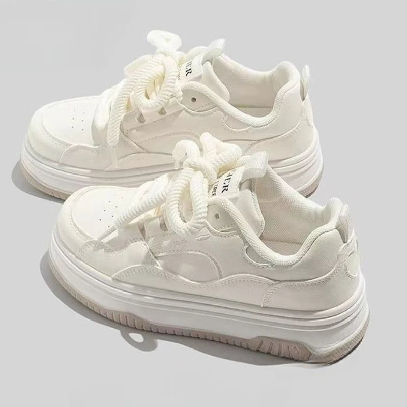 Round toe Lace-up White Thick-soled Vulcanized Flat-soled Sneakers